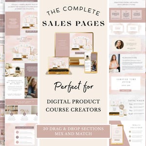 Può includere: Un modello di pagina di vendita di prodotti digitali con una palette di colori tenui. Il design include mockup di laptop, desktop e smartphone. Il testo include "THE COMPLETE SALES PAGES" e "Perfect for DIGITAL PRODUCT COURSE CREATORS."
