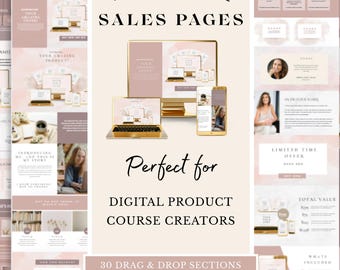 Op de afbeelding: Een sjabloon voor digitale productverkooppagina's met een zacht kleurenpalet. Het ontwerp bevat mockups van een laptop, desktop en smartphone. Tekst bevat "THE COMPLETE SALES PAGES" en "Perfect for DIGITAL PRODUCT COURSE CREATORS."