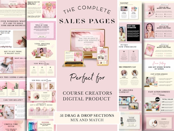 CANVA WEBSITE Template -The most Adorable & Feminine funnel (51 Sections) Sales Page, Landing Page for Digital Products/Courses + FREE Bonus