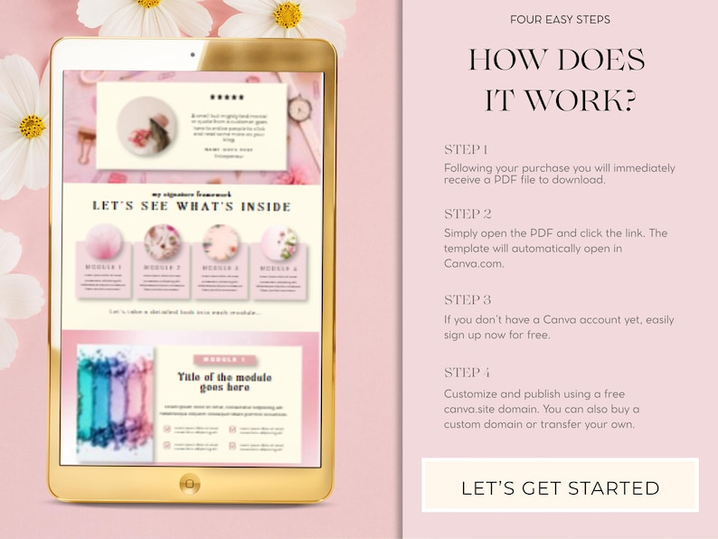 Op de afbeelding: Een gouden tablet toont een roze en wit digitaal ontwerp met de tekst "HOW DOES IT WORK?" en "LET'S SEE WHAT'S INSIDE." Het ontwerp bevat bloemelementen en instructies voor een digitaal product. De achtergrond is roze met witte bloemen.