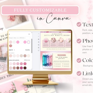 Op de afbeelding: Een gouden computermonitor toont een Canva-ontwerpinterface met roze en witte elementen. Het scherm toont tekst en afbeeldingen, met opties voor tekst, foto's, kleuren en links. De woorden "FULLY CUSTOMIZABLE in Canva" worden weergegeven.