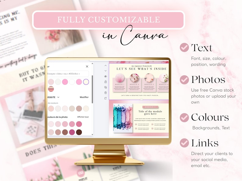Op de afbeelding: Een gouden computermonitor toont een Canva-ontwerpinterface met roze en witte elementen. Het scherm toont tekst en afbeeldingen, met opties voor tekst, foto's, kleuren en links. De woorden "FULLY CUSTOMIZABLE in Canva" worden weergegeven.