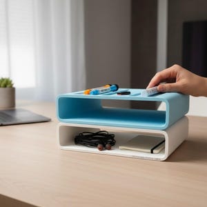 May include: A stack of two rectangular desk organizers with rounded corners. The top unit is light blue with slots for pens, while the bottom unit is white and holds a small notebook and black coiled cables. Both units have open storage spaces.