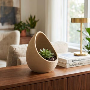 Può includere: Un vaso beige a forma di uovo con superficie testurizzata e apertura inclinata. All'interno del vaso si trova una piccola pianta succulenta verde piantata in terra scura. Il vaso è posizionato su una superficie in legno accanto a due libri.