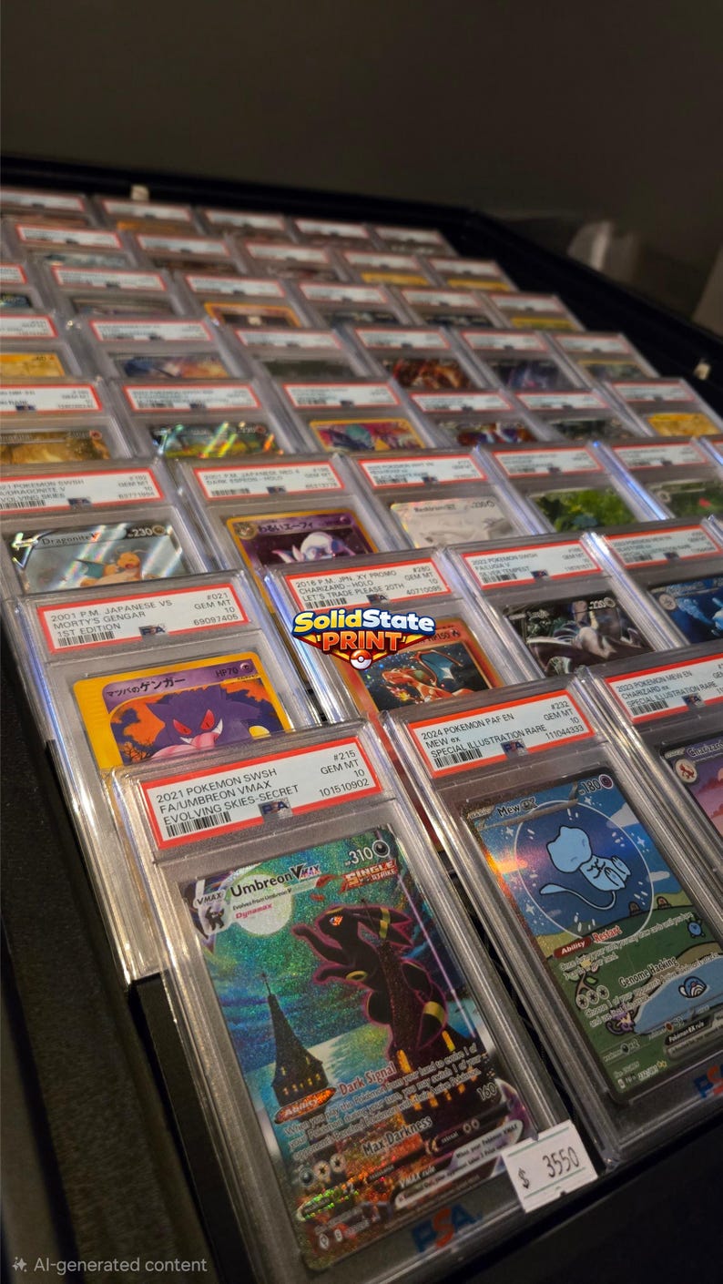 May include: A collection of graded trading cards in clear plastic cases arranged in rows. The cards feature colorful illustrations of various creatures and characters, with white labels displaying text, serial numbers, and PSA grading information.