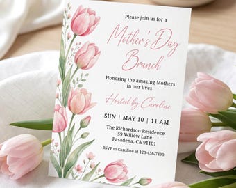 Mother's Day Brunch Invitation, Editable Pink Tulip Floral Breakfast Invite Template, Watercolor Flower Garden Party (Editable Template)