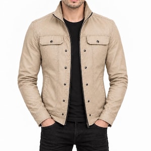 Men's Beige Leather Trucker Jacket | Neutral Minimalist Stand Collar Snap Coat | Handmade