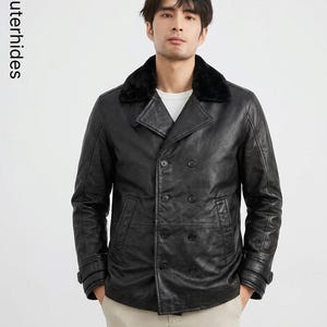 May include: Black leather jacket with a black faux fur collar. The jacket has a double-breasted design with four buttons on the front and two on each cuff. The text "Outerhides" is printed vertically on the left side.