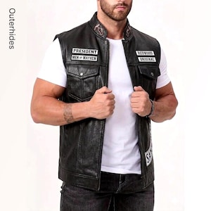 Handmade Men's Leather Biker Vest | MC Club Cut with Reaper Patch, Anarchy Skull Costume