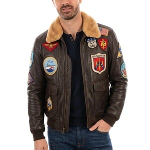 Men's G-1 Flight Jacket: Real Leather Bomber, Maverick Aviator Patches, Shearling Collar