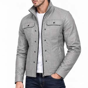 Men's Light Gray Leather Trucker Jacket | Casual Snap Button Stand Collar Coat | Handmade