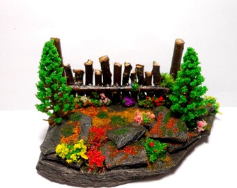 Fairy Evergreen Trees on Slate with Fence-OOAK-Fairy Fence-Fairy Trees-Evergreen Trees