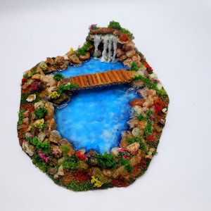 Fairy Glow in the Dark Pond and Waterfall-Bridge Over Pond-OOAK-8 1/2&quot; X 6 3/4&quot; Glow Pond/Waterfall