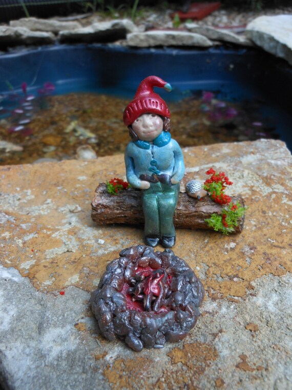 Gnome Snail Fire Pit Set Ooak Polymer Clay Gnome On A Log With Etsy