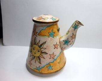 Miniature Metal Whimsical Painted Pot-Enameled Copper Pot -Brightly Colored Sunshine-Missing Handle/Ball on Lid