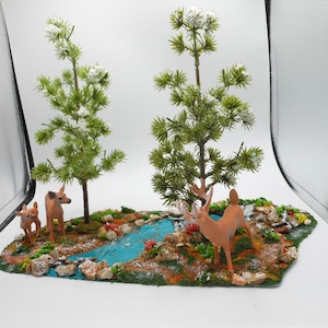 Deer Diorama-Nature Scene-Here Comes Spring Diorama-Deer/Fawn/Buck/River/Waterfall/Trees-OOAK-13&quot;LX6&quot;WX10&quot;H..Free Shipping-Miniature Diorama