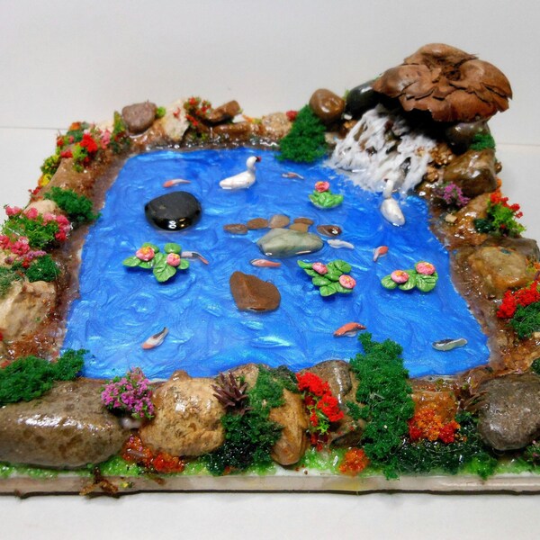 Fairy Pond/Waterfall/Swans/Lilly Pads-OOAK-Fairy Garden Pond/Lake