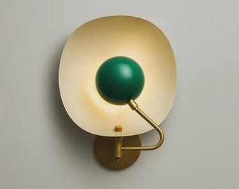 1950s Handmade Mid-Century Modern Brass Wall Sconce Green Globe Vanity Wall Light