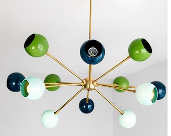 Mid Century Sputnik Chandelier, Brass Ceiling Light, Colourful Globe Shades, Atomic Style Lighting