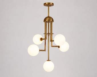 Mid Century Modern Brass Chandelier with White Globe Lights
