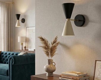 Mid-Century Modern Wall Sconce - Minimalist Dual-Cone Light - Black and Cream - Italian Style Lighting Fixture