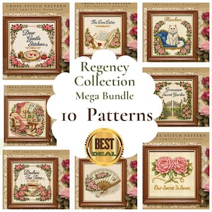 Könnte beinhalten: Eine Sammlung von zehn Kreuzstichmustern, gerahmt in Holz, mit floralen Designs, Text und Bildern einer Katze, einer Teetasse und eines Gartens. Der Text enthält "Regency Collection Mega Bundle" und "Best Deal".