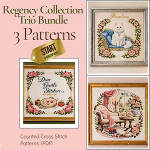 May include: The image showcases a trio of framed counted cross-stitch patterns. The top left reads "Regency Collection Trio Bundle 3 Patterns." The patterns include a white cat on a blue couch, a sewing-themed design, and a room scene. The text "Counted Cross Stitch Patterns (PDF)" is at the bottom.