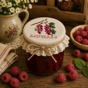 Peut inclure: Un pot en verre rempli de confiture de framboise rouge foncé, surmonté d'un couvercle en tissu beige avec un motif de framboise au point de croix et le mot RASPBERRY. Le couvercle est orné d'une bordure en dentelle crème et d'un nœud en jute.
