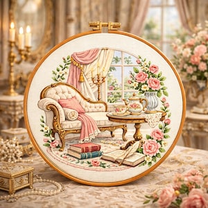 May include: A detailed embroidery hoop featuring a cozy interior scene. The design includes a chaise lounge, a small table with a tea set, books, and a vase of pink roses. The color palette is soft, with pinks, creams, and golds.