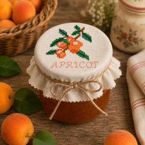 May include: A glass jar filled with orange jam, topped with a cream-colored fabric cover featuring a cross-stitched design of orange apricots with green leaves and the word APRICOT in pink thread, secured with a tied brown twine bow.