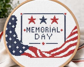Memorial Day Cross Stitch Pattern, American Flag,  Patriotic Embroidery, Instant download(PDF Download)
