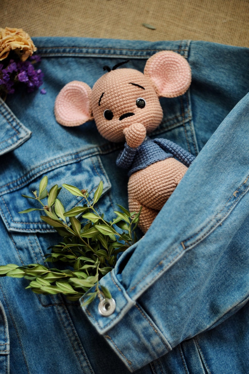 May include: A crocheted doll with a light brown body, pink ears, and a blue top, nestled in a blue denim jacket pocket. The doll has black eyes and a contemplative look. Green leaves and dried flowers provide a natural contrast.