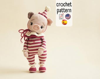 Crochet pattern cute Ivy the Pig piglet amigurumi PDF English Spanish