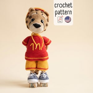 Wzór na szydełko geparda na rolkach w formacie PDF, zabawka amigurumi gepard, urocza lalka jeżdżąca na łyżwach