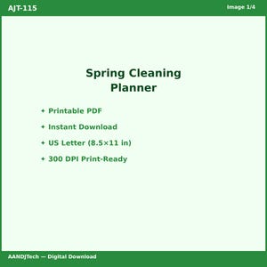 以下が含まれることがあります： 「Spring Cleaning Planner」のタイトルが太字の黒いテキストで表示された、デジタル春の大掃除プランナー。印刷可能なPDF、即時ダウンロード、USレターサイズ（21.6 x 27.9 cm）、300 DPI印刷対応のオプションが含まれています。