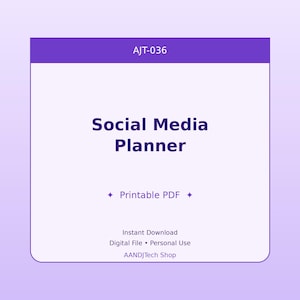 Puede incluir: Un planificador de redes sociales digital con un encabezado morado y un fondo morado claro. El texto "Social Media Planner" está en negrita, en morado oscuro. También se incluyen las palabras "Printable PDF". La parte inferior de la imagen incluye el texto "Instant Download, Digital File, Personal Use, AANDJTech Shop."