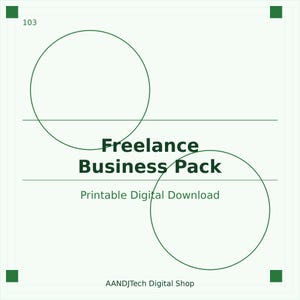 May include: A light green digital download graphic with the text "Freelance Business Pack" and "Printable Digital Download". The design includes two green circles and the shop name "AANDJTech Digital Shop".