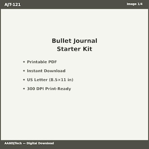 Peut inclure: Graphique de téléchargement numérique avec le texte "Bullet Journal Starter Kit". Comprend un PDF imprimable, un téléchargement instantané, format US Letter (21,6 x 27,9 cm) et 300 DPI prêts à l'impression. L'image est sur fond clair.