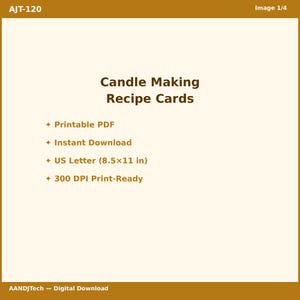 Könnte beinhalten: Ein digitales Download-Bild mit dem Text "Candle Making Recipe Cards". Das Bild enthält Details wie "Druckbares PDF", "Sofort-Download", "US Letter (21,6x27,9 cm)" und "300 DPI druckfertig". Der Hintergrund ist hellbeige.