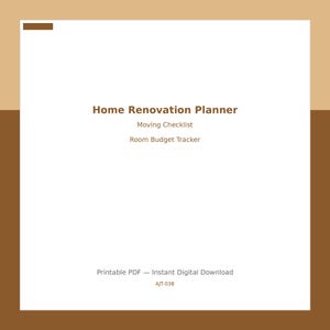 Può includere: Un planner digitale intitolato "Home Renovation Planner" con i sottotitoli "Moving Checklist" e "Room Budget Tracker". Il testo è in marrone su sfondo bianco, con un bordo marrone. La parte inferiore dell'immagine recita "Printable PDF - Instant Digital Download."