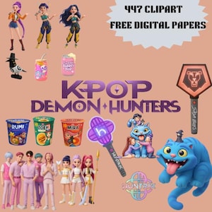 May include: A digital graphic featuring the text "KPOP DEMON HUNTERS" with various cartoon characters, food containers, and a blue cat. The image also includes the text "447 CLIPART FREE DIGITAL PAPERS".