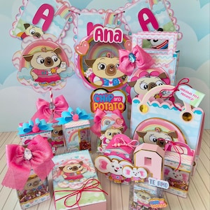 May include: A selection of party decorations with a cartoon pug, rainbows, and the name "Ana." The decorations include gift boxes, banners, and a shopping bag, in pastel pink, blue, and white. The text "Chip and Potato" is also visible.