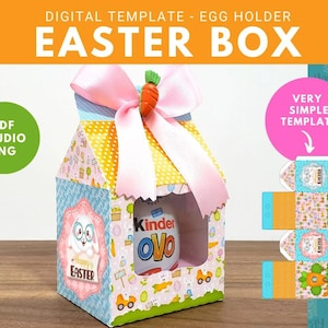 May include: A colorful Easter box with a pink bow and a carrot decoration. The box is designed to hold an egg and features a cute Easter-themed design with the text "Happy Easter". The box is a digital template.