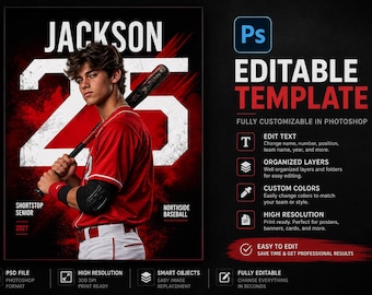 Editable Baseball Senior Poster Template, Photoshop PSD (Digital Download)