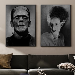 Vintage 1935 Bride and FRANKENSTEIN Art Prints SET, Halloween Wall Art Distressed Black White Gothic Wedding Horror Classic Monsters Posters