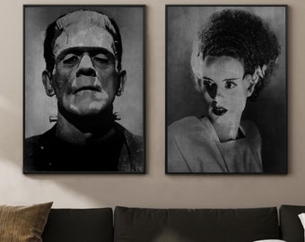 Vintage 1935 Bride and FRANKENSTEIN Art Prints Set, Halloween Wall Art Decor, Black White Distressed Gothic Horror Classic Monster Posters