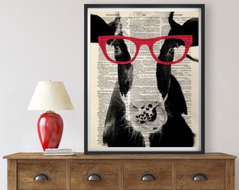 COW With Red Glasses Art Print Poster, Vintage Farmhouse Barn Kitchen Wall Decor, Animal Vegan Illustration, Antique Dictionary Page GICLEE