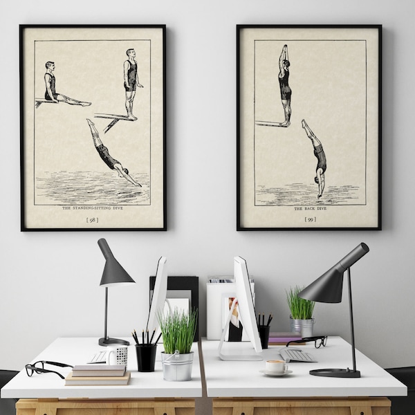 The DIVERS - Vintage Schwimmen Kunst Studie Poster SET, Antike wissenschaftliche Illustration Wanddrucke, Strandbad Bad Nautisch Schnurrbart Männer