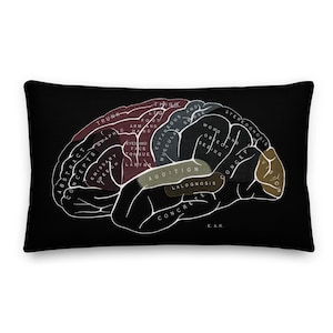 Functions of the BRAIN Pillow Black Lumbar with Insert, Vintage Anatomy Illustration Halloween Fall Psychology Psychologist Doctors Gifts