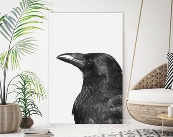 CANVAS Black Raven Crow 24x36 Art Print, Modern Halloween Black and White Minimalist Wall Decor Poster Spirit Animal Birds Boho Dorm Loft